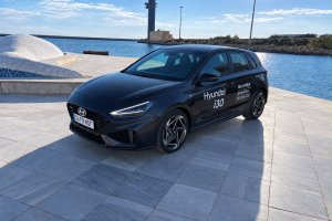 Imagen del Hyundai i30 junto a la ballena de Gabriel durante la prueba