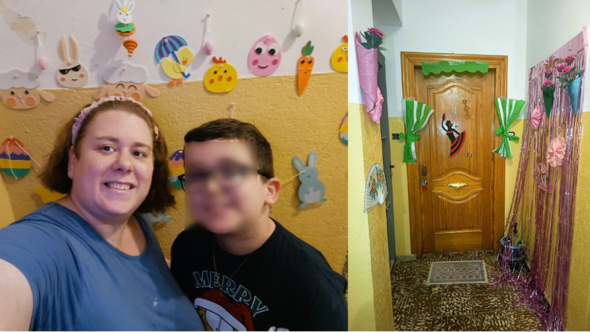Izquierda, Lidia de Haro y su hijo, Alejandro, en su rellano decorado de Pascua. Derecha, el rellano decorado de Feria