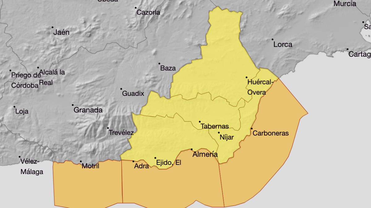 Alerta amarilla y naranja en toda la provincia de Almería durante el lunes.
