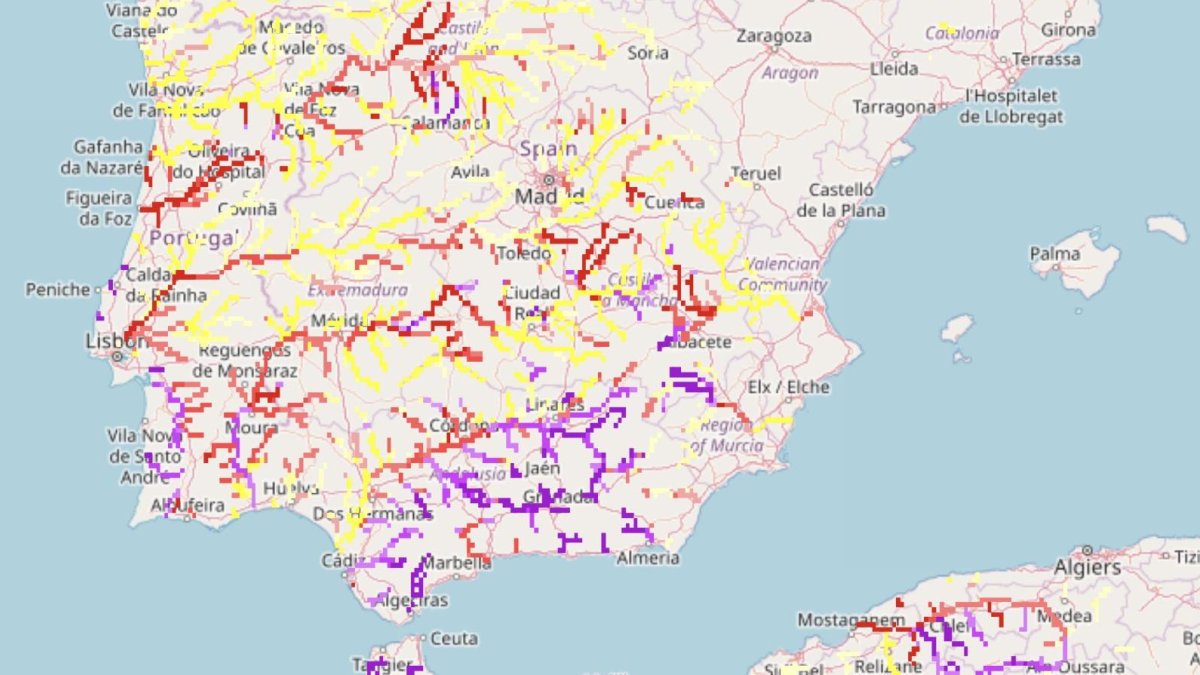Mapa de GloFAS con las zonas inundables de España.