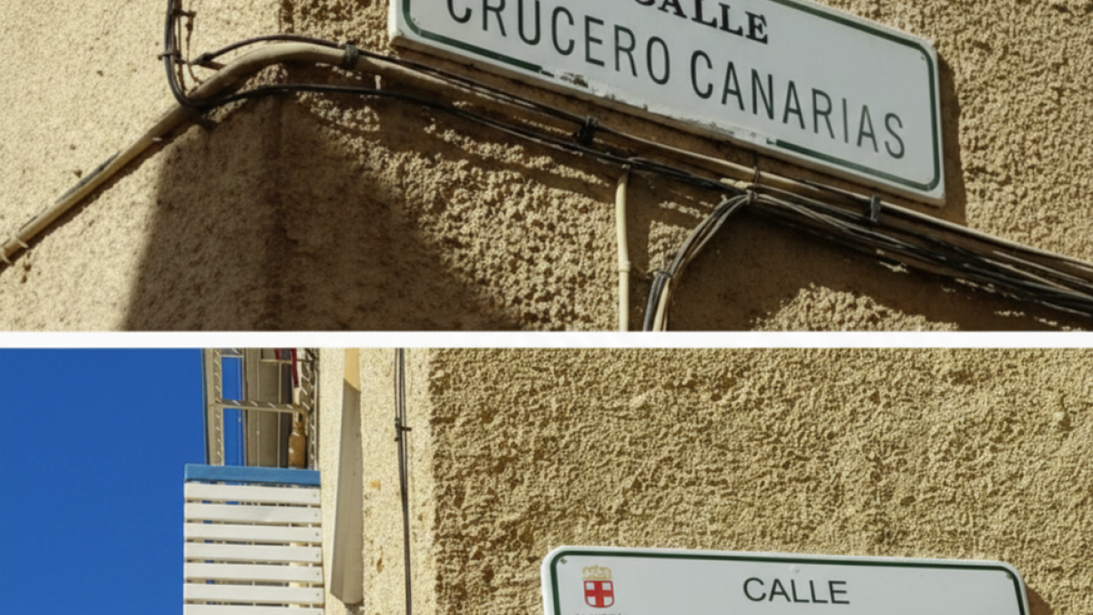 Rótulo de calle Crucero Canarias en el Tagarete y el que lo sustituye dedicado al Padre Antonio Vivas.