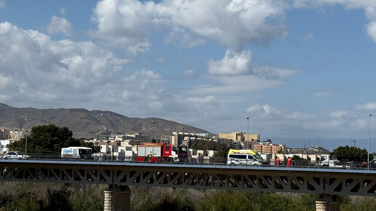 Bomberos y servicios sanitarios asisten a los coches siniestrados en la mitad del puete.