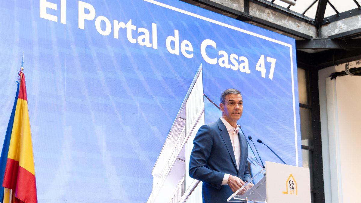 El presidente del Gobierno, Pedro Sánchez, en la presentación del Portal de Casa 47.