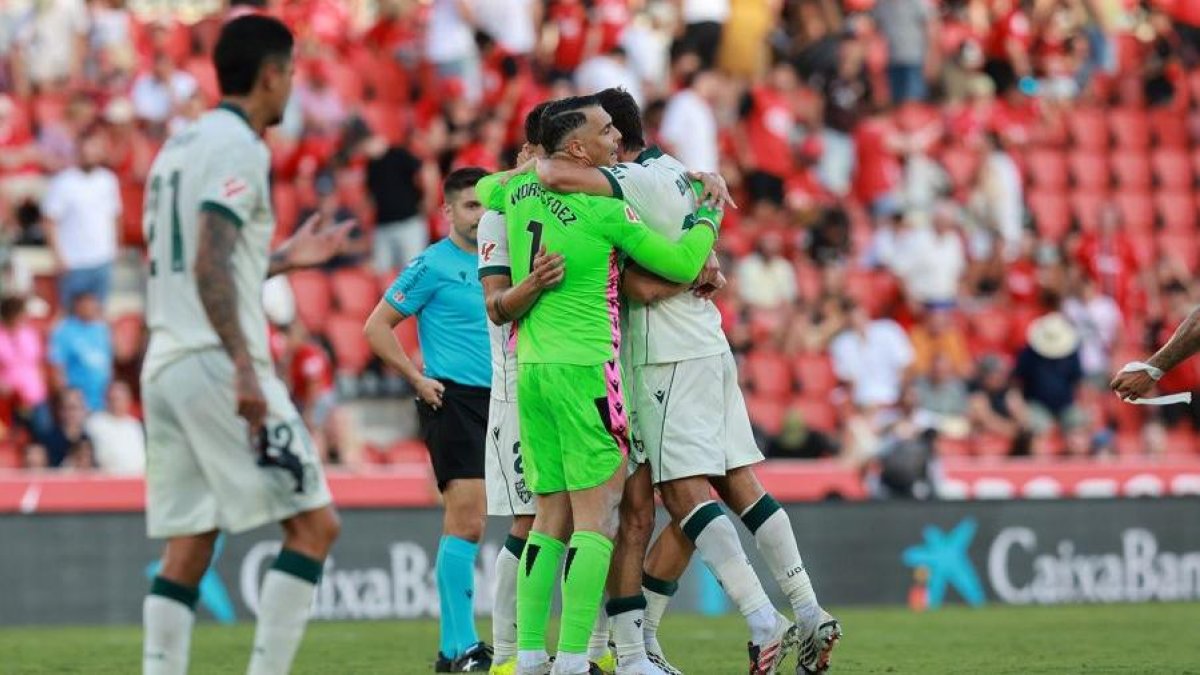 Los jugadores del Almería celebrando la victoria y Palencia mirando en segundo plano.