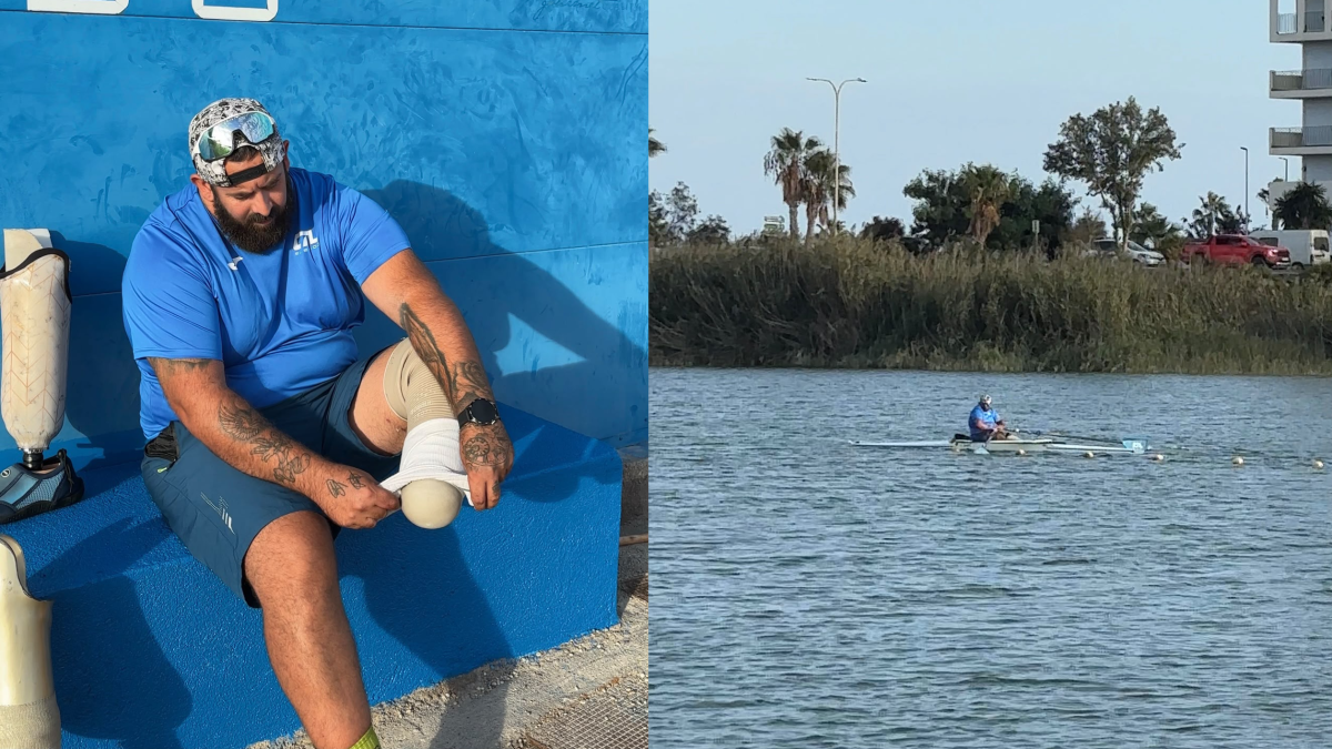 Francisco se pone su prótesis para poder subirse al bote y practicar remo, su nueva pasión.