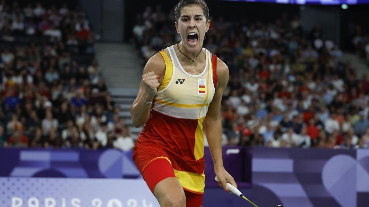 Carolina Marín durante un partido en las Olimpiadas.