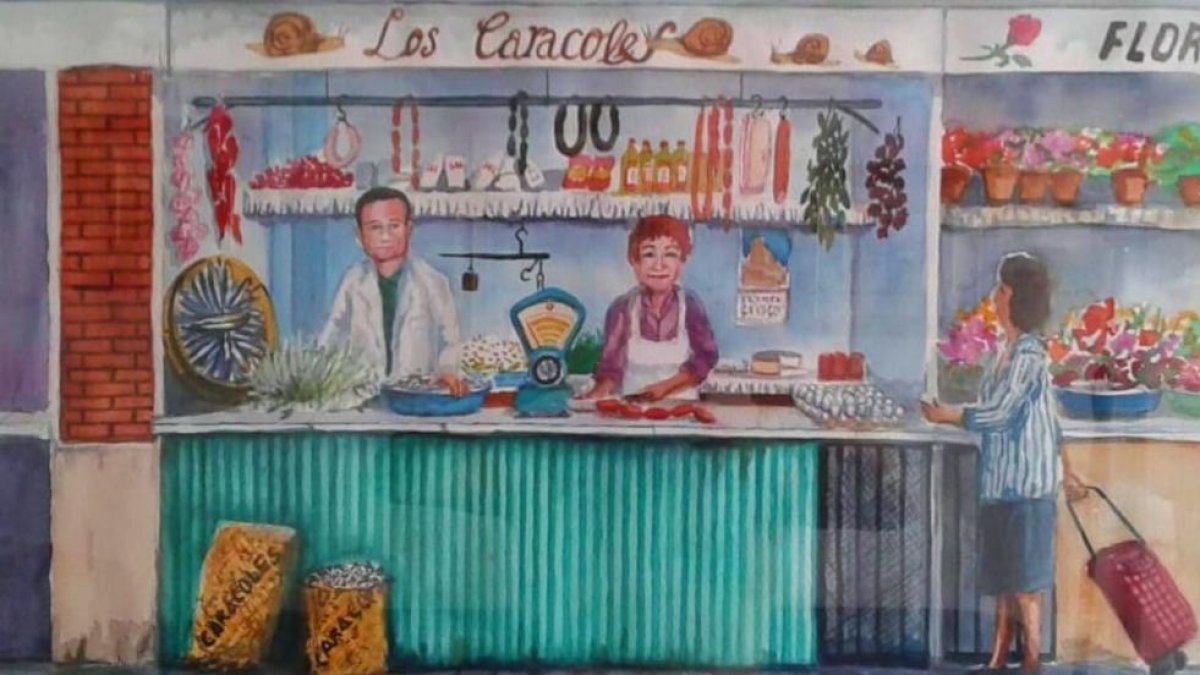 Acuarela del pintor José Mario Sarabia en la que inmortalizó el mítico puesto de Los Caracoles.