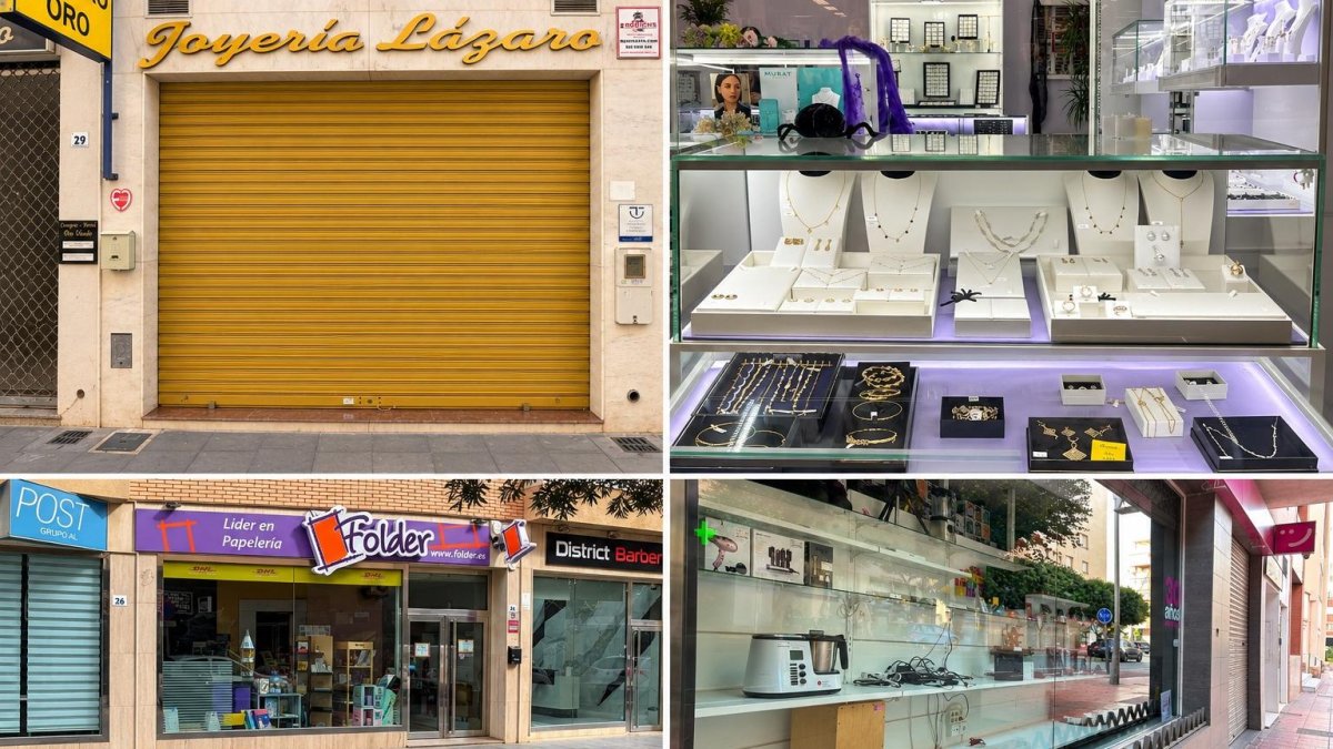 Persianas cerradas y los objetos de menos valor en los escaparates como medida de prevención en algunos locales de Almería y El Ejido.