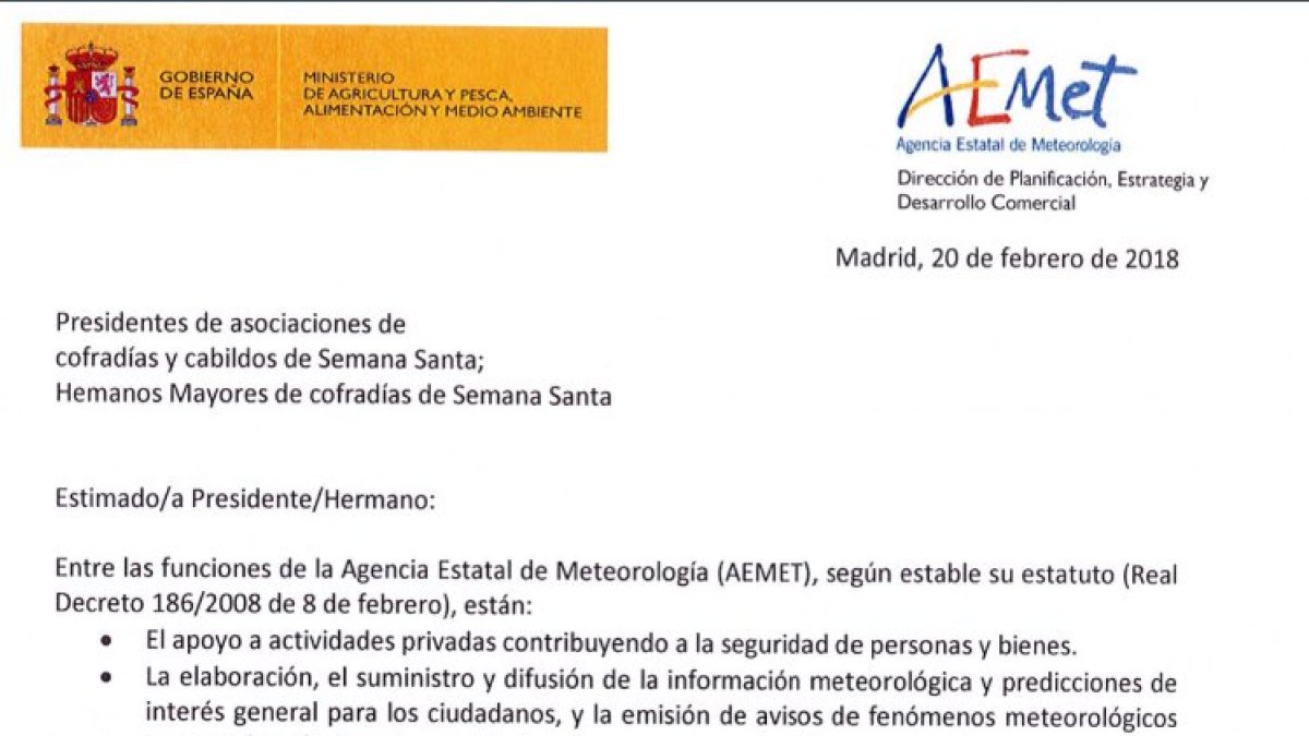Carta enviada por la Aemet.