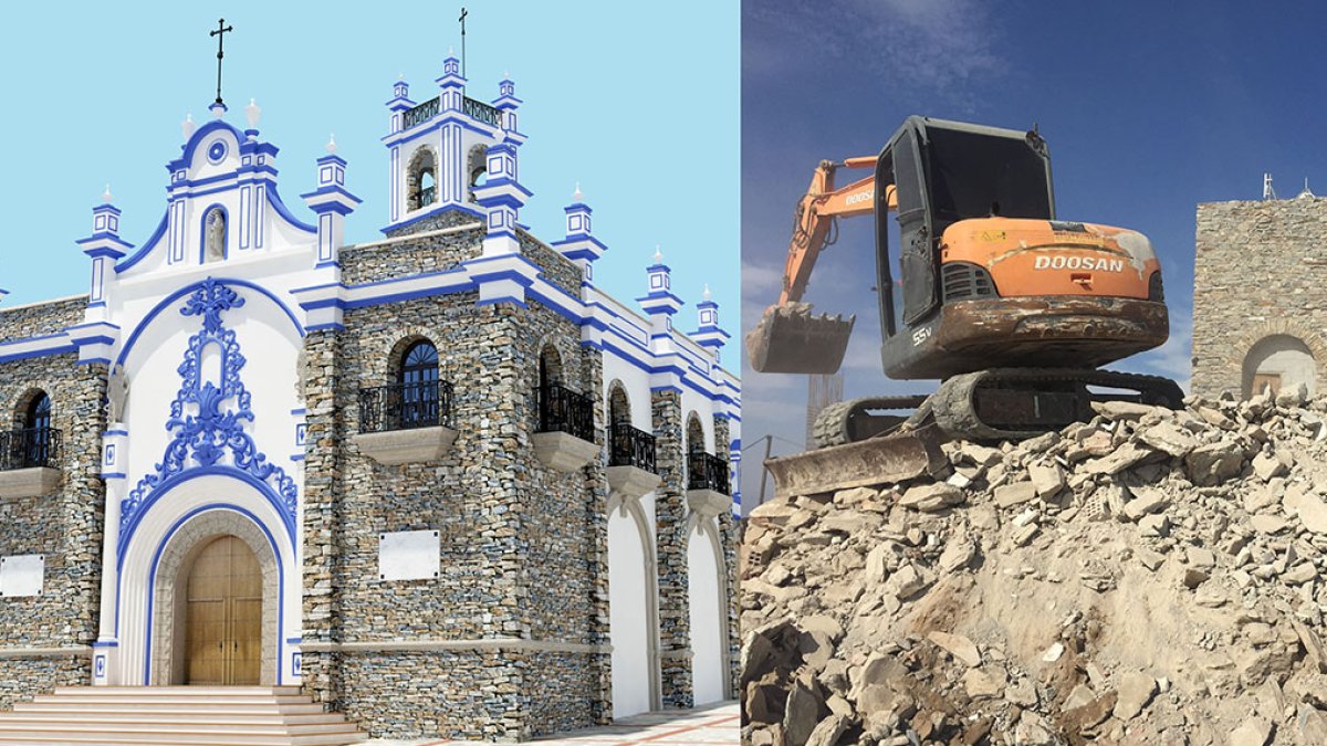 Imagen sacada del proyecto del nuevo santuario, aunque se han aprobado modificaciones al diseño. A la derecha, una excavadora sobre los escombros del