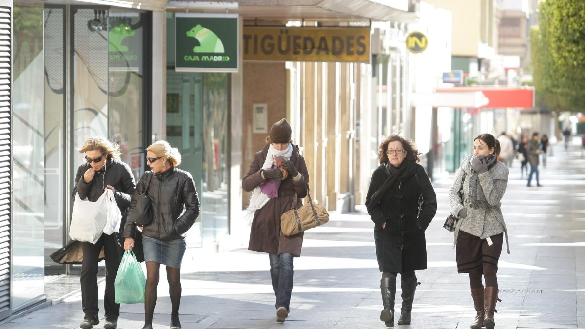 Viandantes en el Paseo de Almería resguardándose del frío.