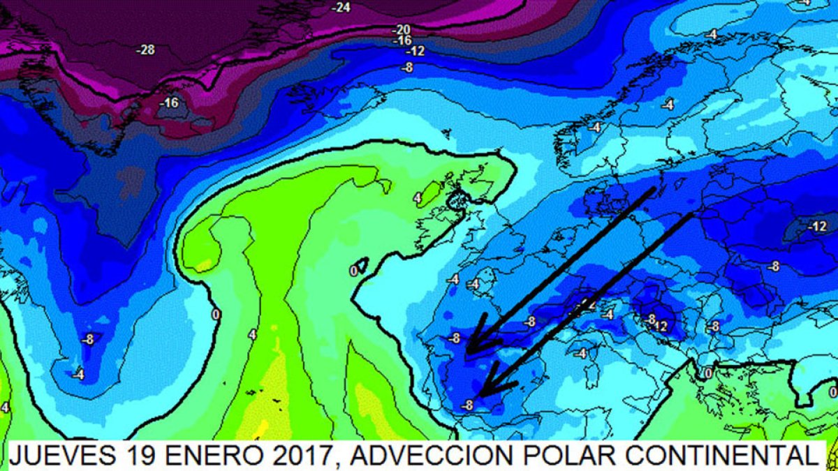 Mapa del recorrido de la masa de aire polar en su camino a Almería