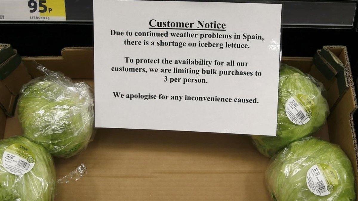 Advertencia de un súper británico del límite de compra de tres lechugas por persona.