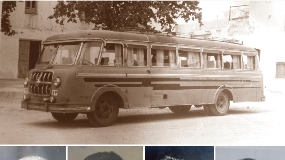 Uno de los autocares del Caito y miembros de la familia Baraza.