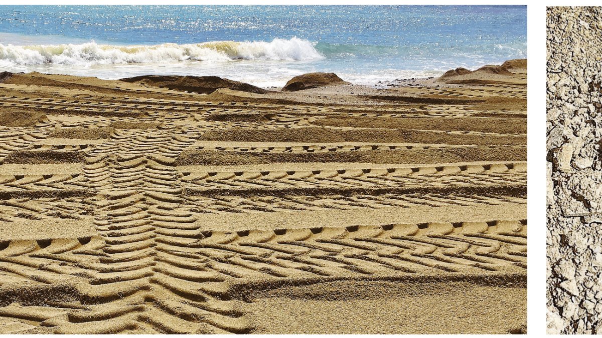 El color amarillento  tiñe el agua en la orilla y, detalle de la grava que se ha echado en la playa.