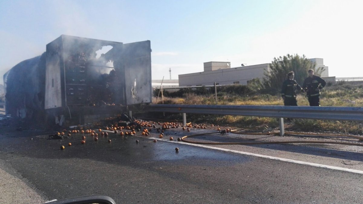 Camión incendiado en la Autovía del Mediterráneo.