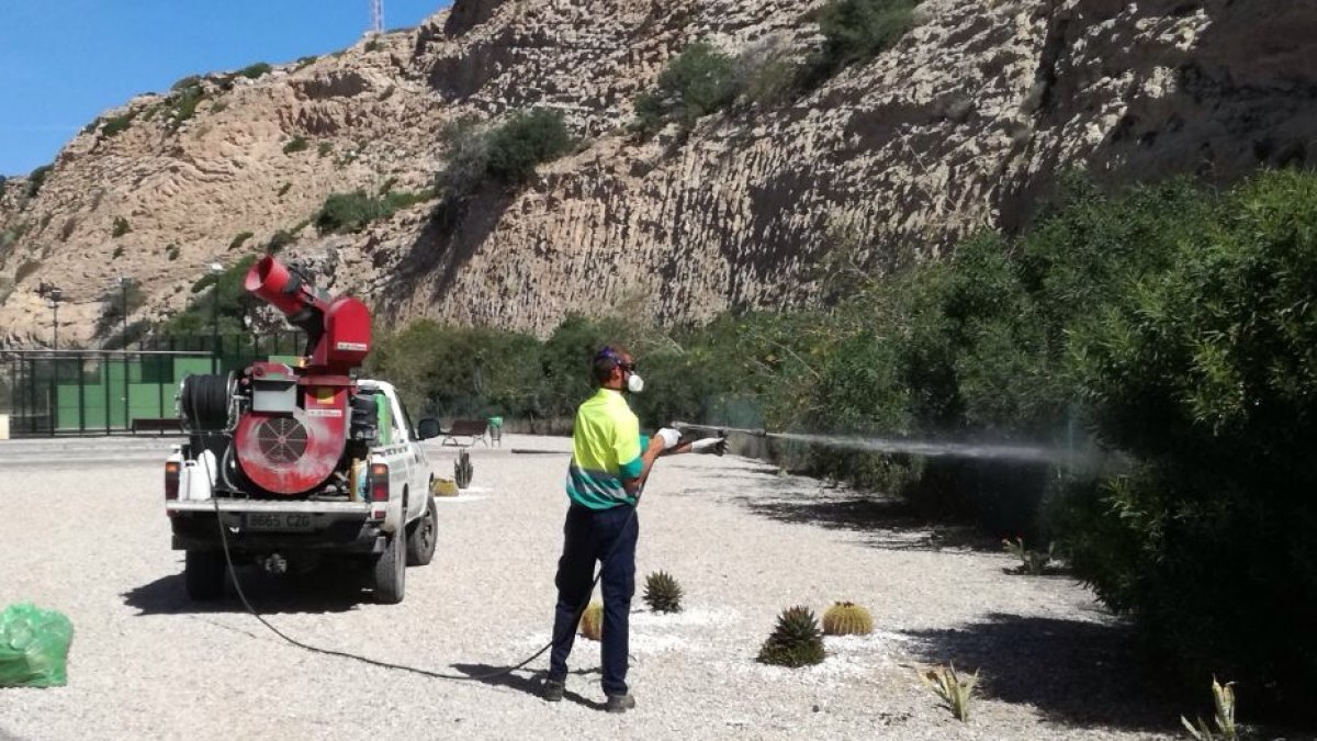 Operario fumigando en Almerimar.