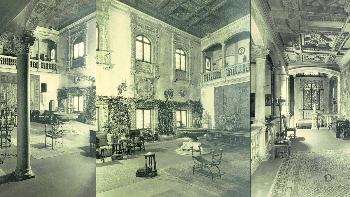 Dos vistas del salón y hall superior con elementos velezanos.