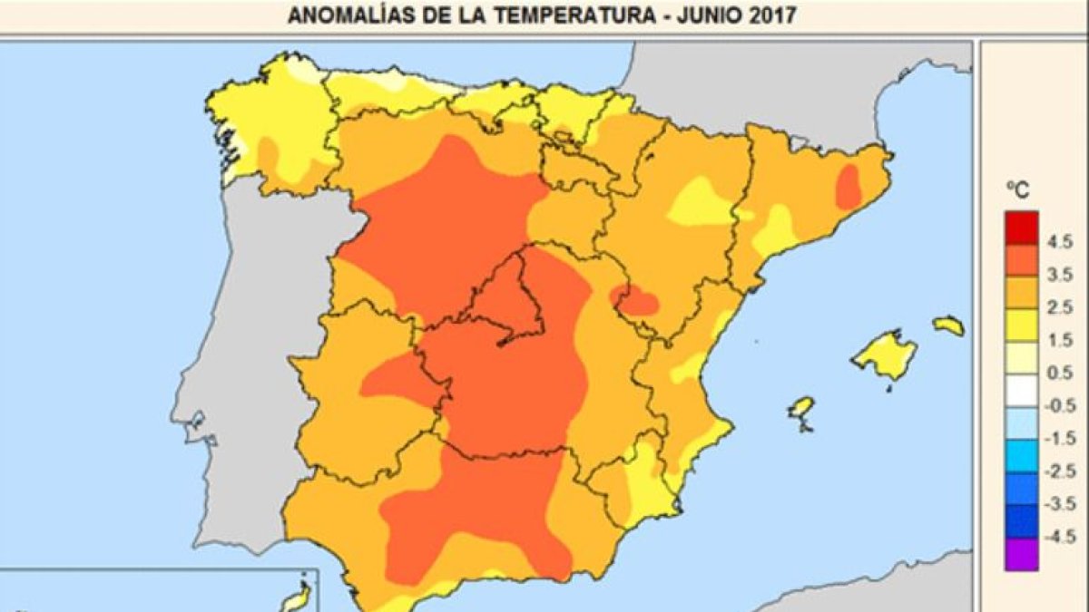 Mapa de España que muestra el récord de calor registrado durante el mes de junio del año 2017, según AEMET.