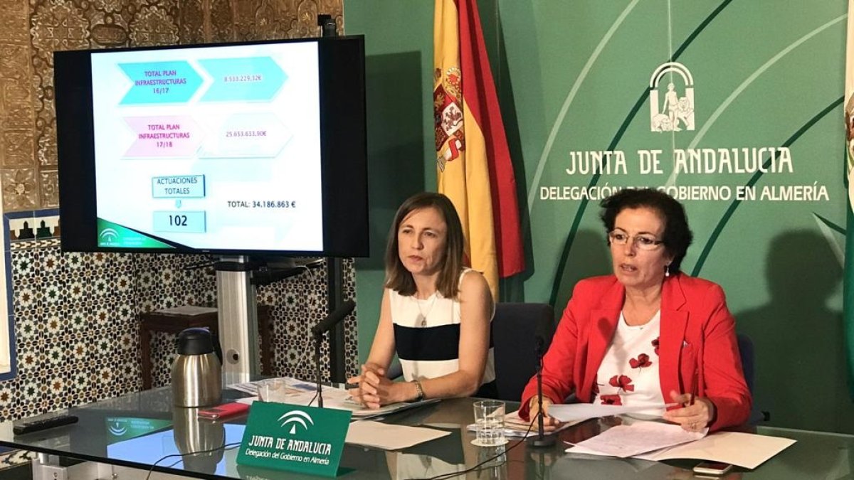 La delegada del Gobierno, a la derecha, y la de Educación, durante la rueda de prensa.