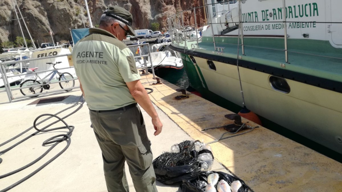 Un agente junto a parte de la red ilegal y el pescado decomisado.