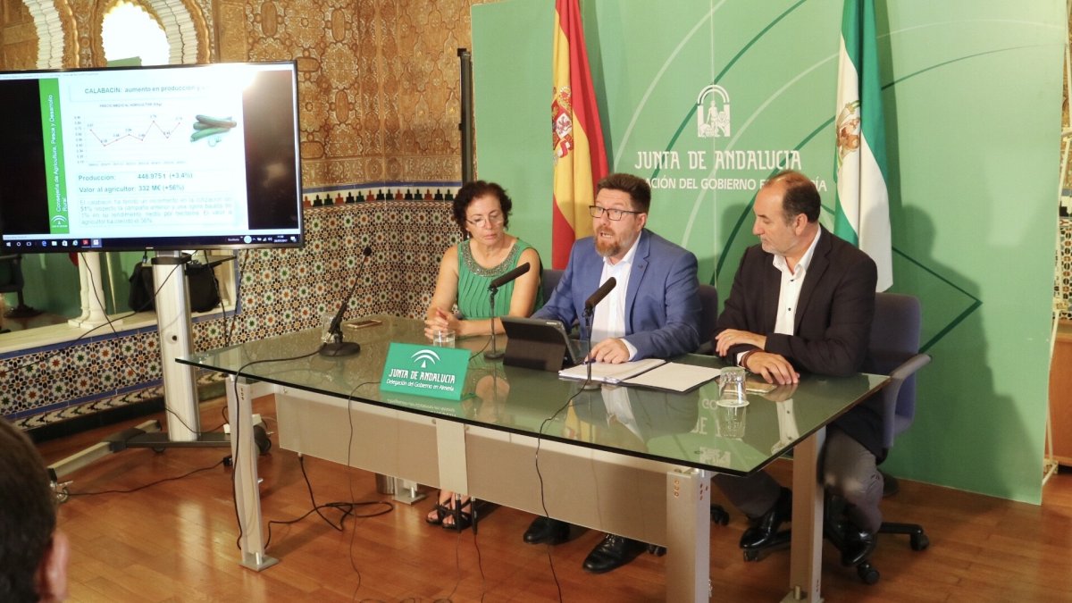 El consejero de Agricultura, Rodrigo Sánchez Haro, presentó ayer el avance de campaña, junto a Gracia Fernández y José Manuel Ortiz Bono.