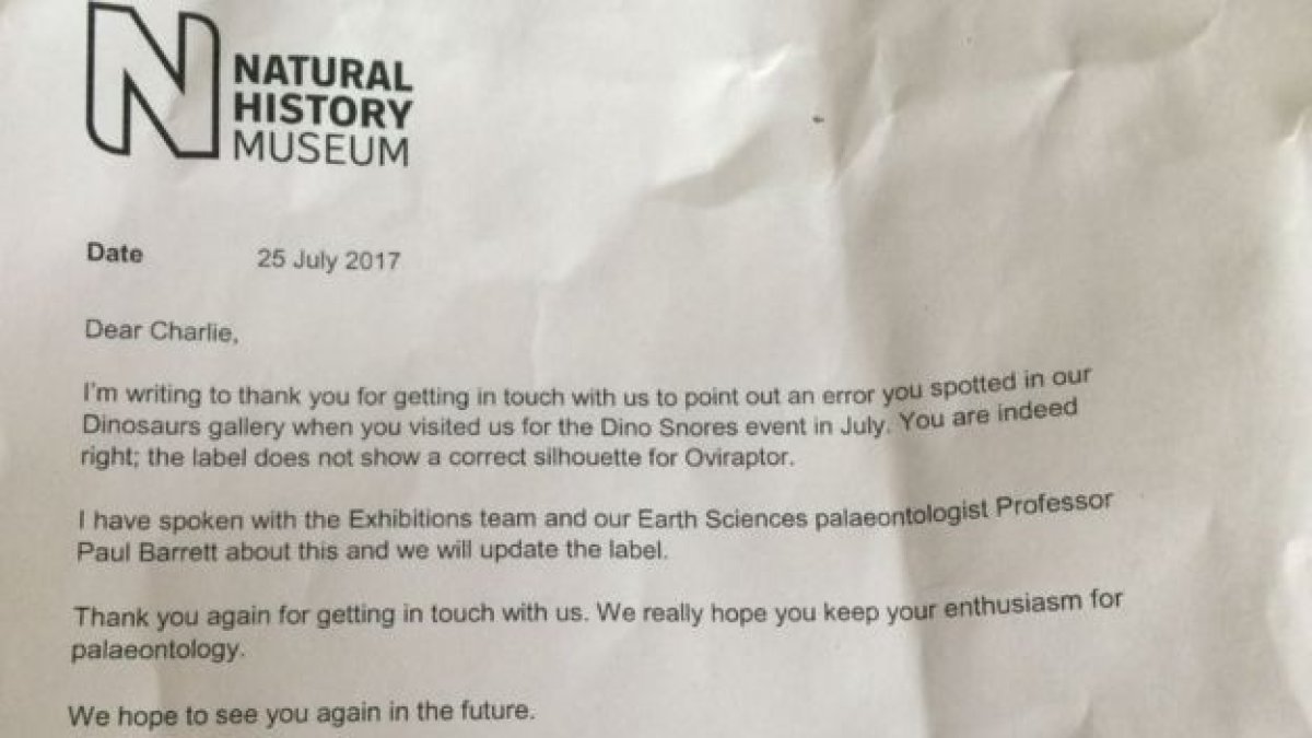 Carta del museo en agradeciendo a Charlie. Foto cedida por la familia del niño a la BBC.