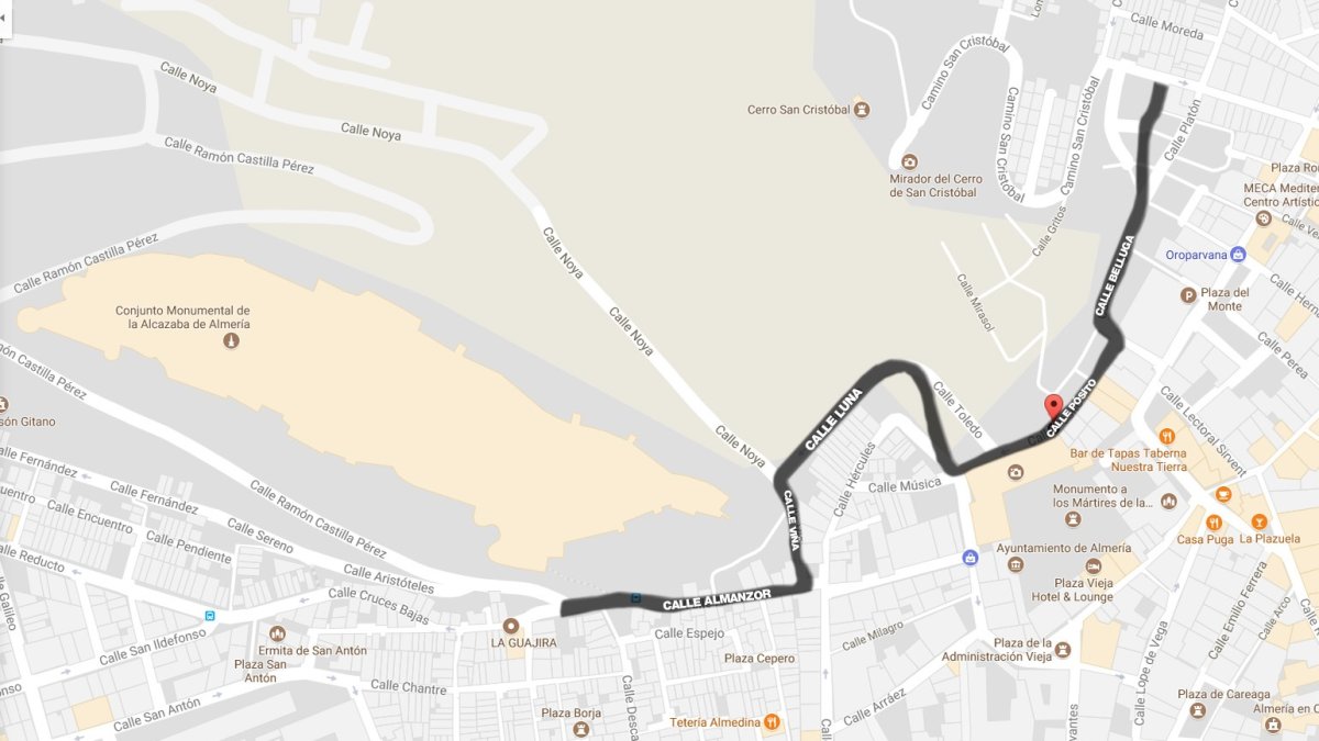 Trazado que recorrerá el vial que permitirá llegar desde la calle Antonio Vico hasta los pies de La Alcazaba.