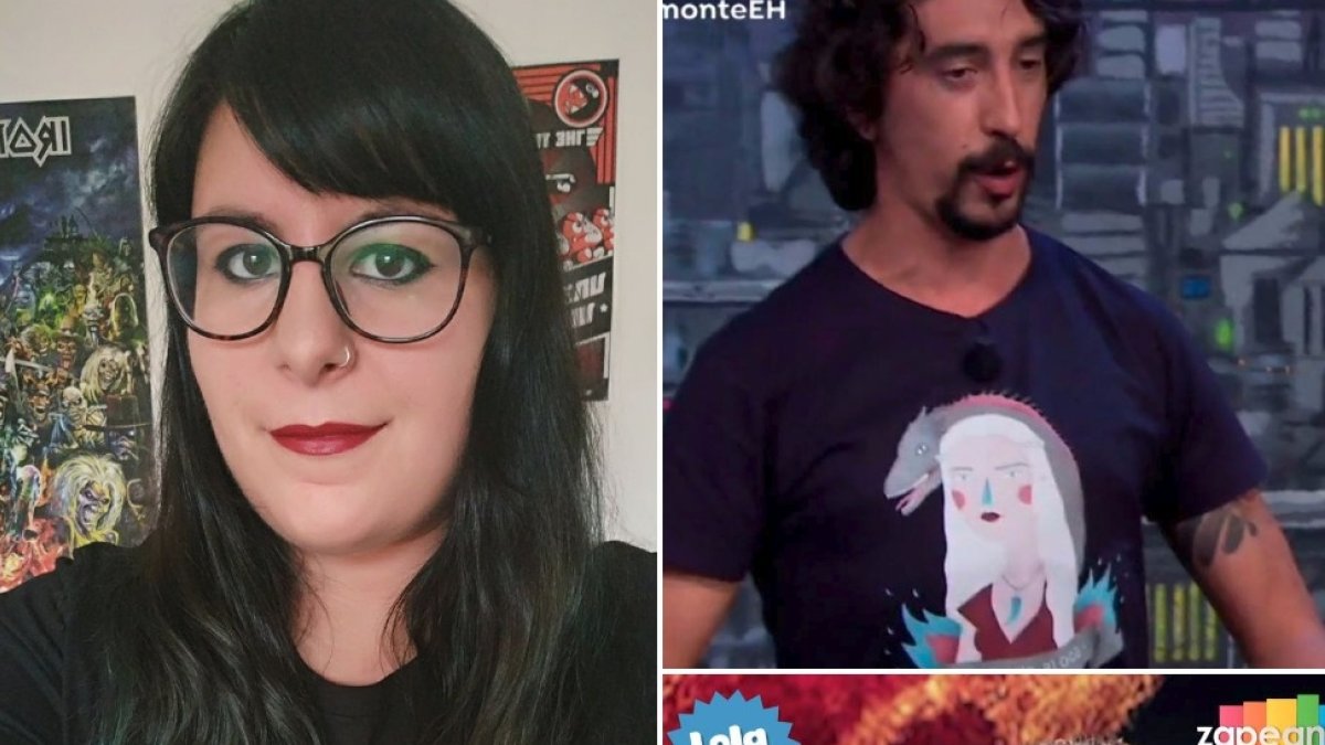 Paula García luciendo una de sus creaciones, inspirada en ET y los personajes de Snoopy. A la derecha, dos de sus diseños vistos en TV.