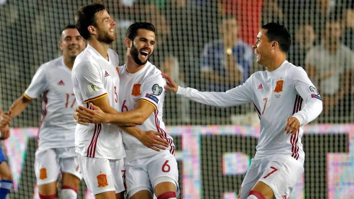 La celebración del gol de España.