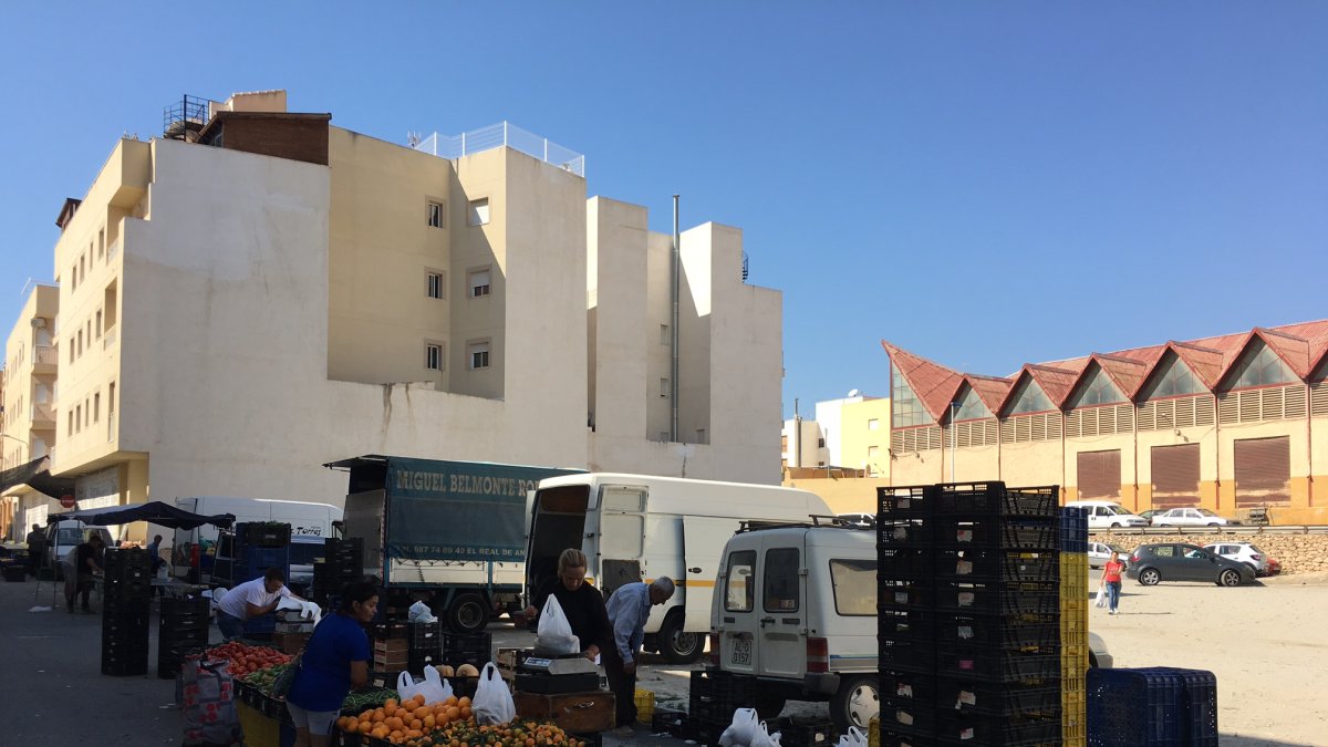 Puestos de frutas y verduras en la nueva ubicación.