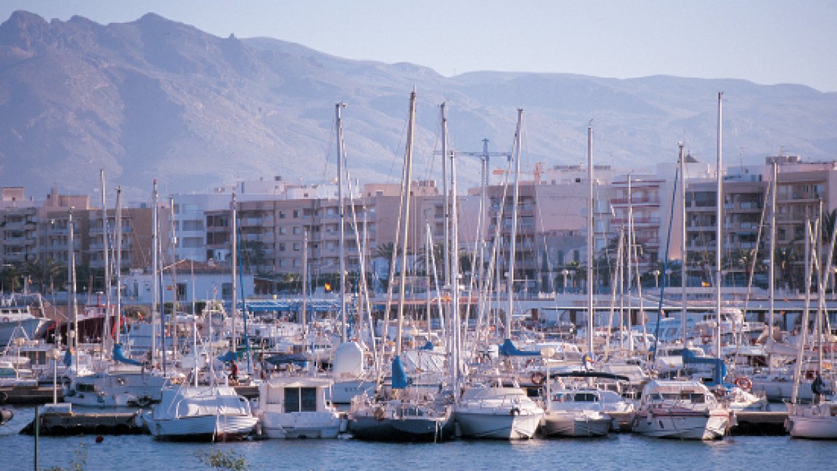 Vista del puerto deportivo de Garrucha con decenas de barcos atracados y la localidad al fondo.