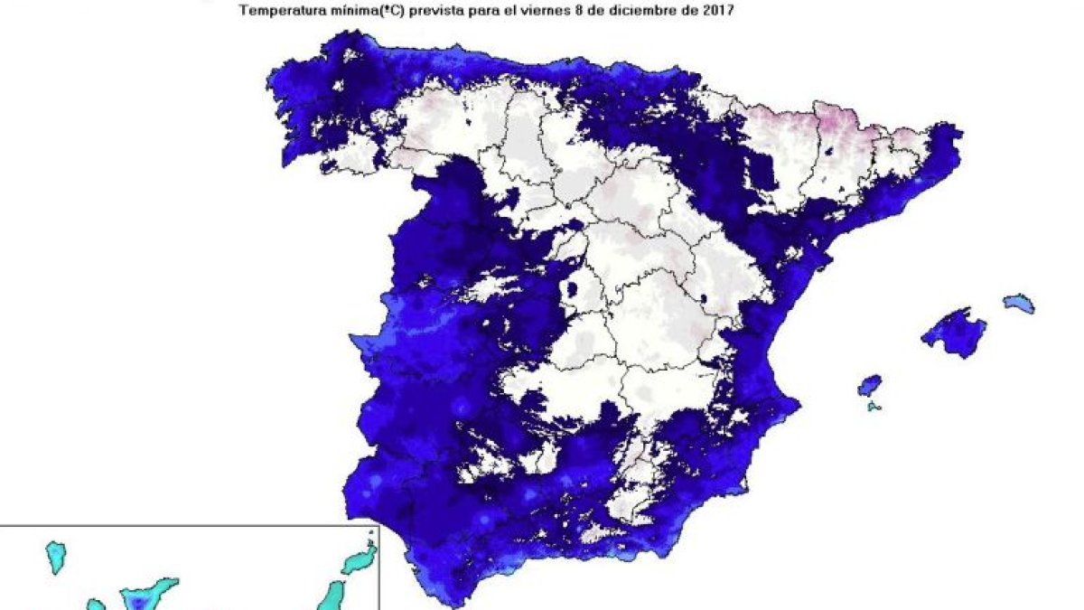 Mapa de temperaturas mínimas previsto para el viernes 8 de diciembre.