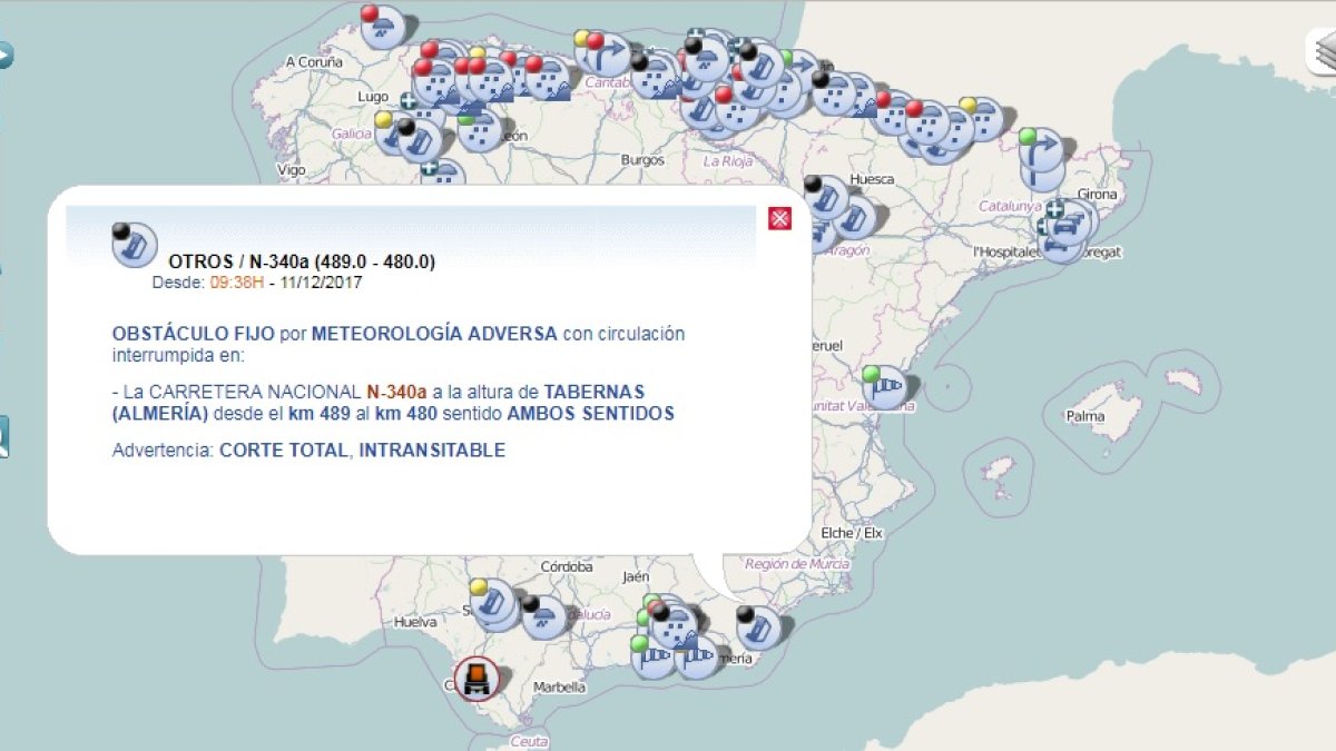 La DGT informa del corte de una carretera en Tabernas.