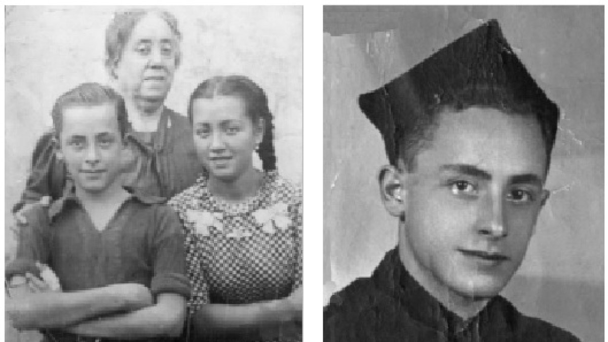 Miguel Pérez de Perceval, en sus años de adolescencia, acompañado de su tía Concha y de su hermana Filomena. A la derecha, una fotografía de Miguel c