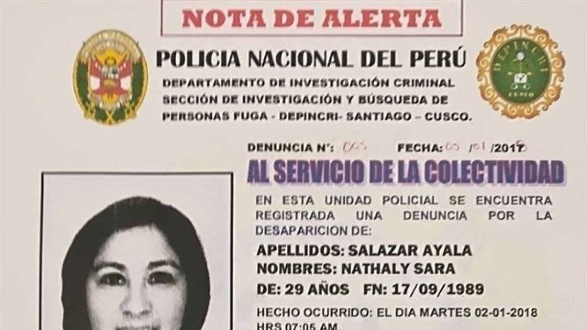 Cartel de alerta emitido por la Policía Nacional de Perú.