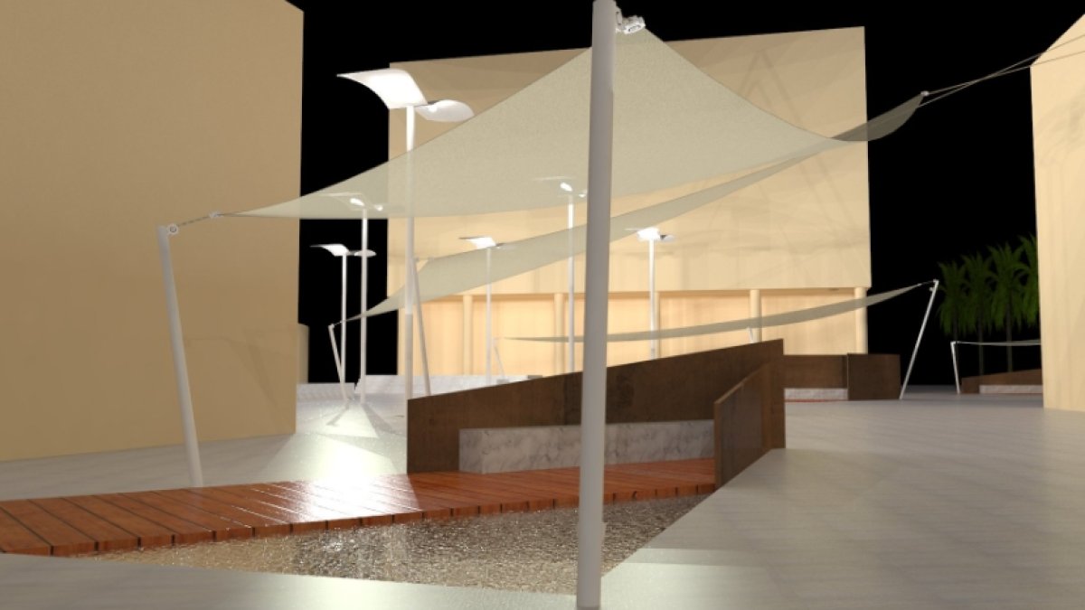 Futuro aspecto de la plaza Pedro Gea y detalle de los toldos en forma de vela.