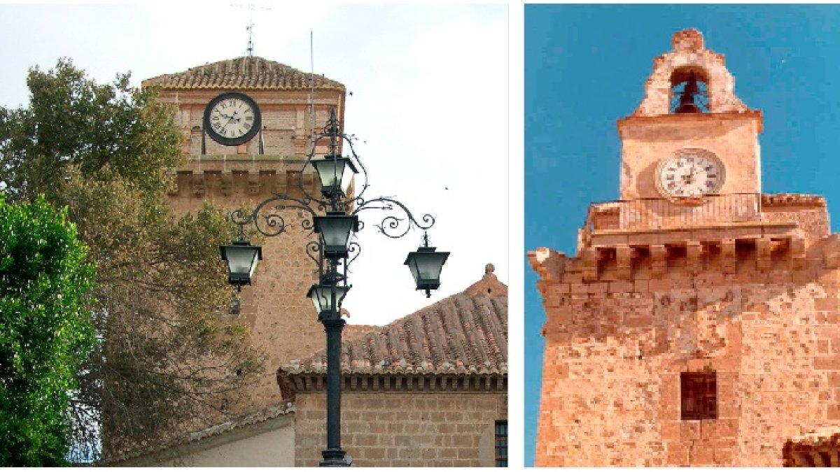 Comparativa del estado actual de la torre de la Iglesia (izquierda) y su imagen con la espadaña antes de ser retirada (derecha).