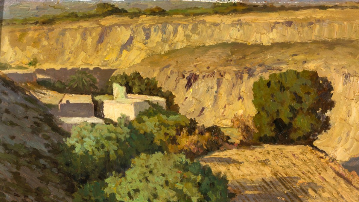Paisaje de la Rambla, óleo sobre tabla de la exposición.