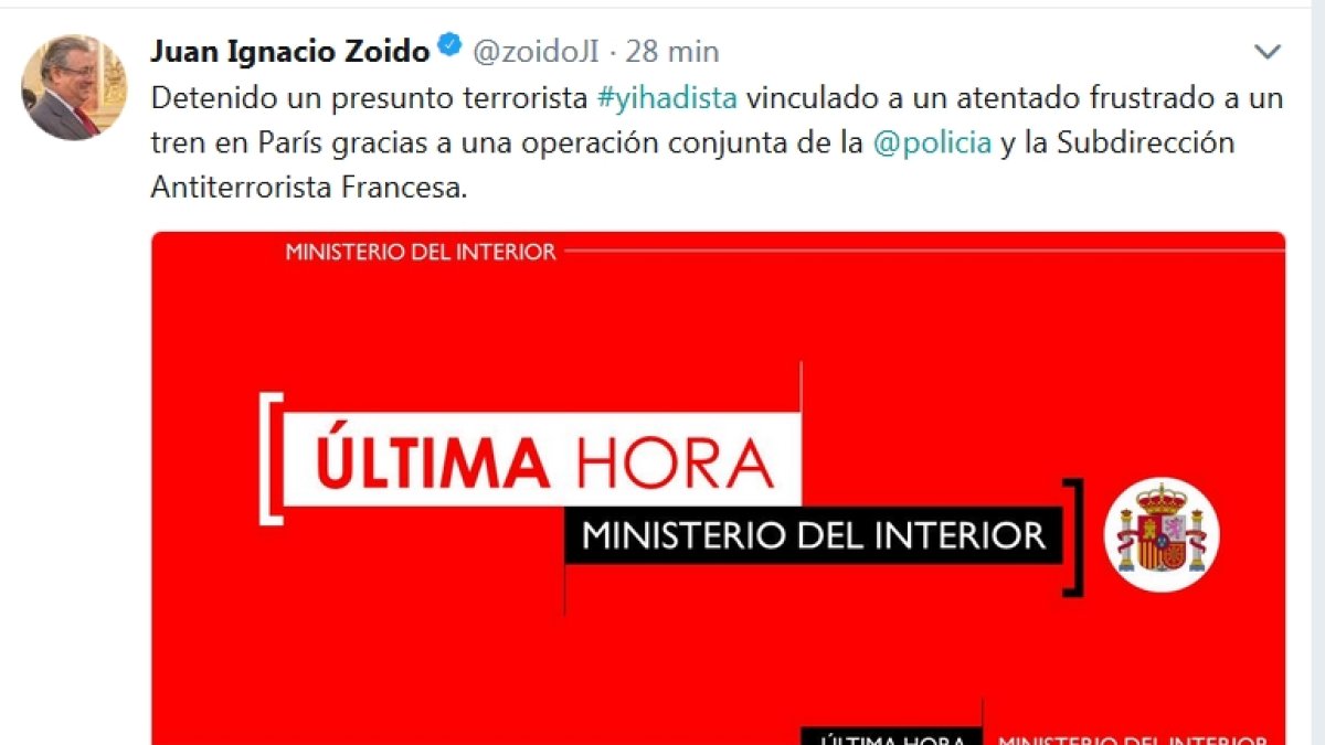 Tuit de esta tarde del ministro del Interior.