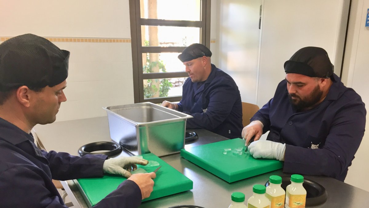 En la imagen, trabajadores del Centro Especial de Empleo de Aspapros con las botellas de zumo de aloe vera.