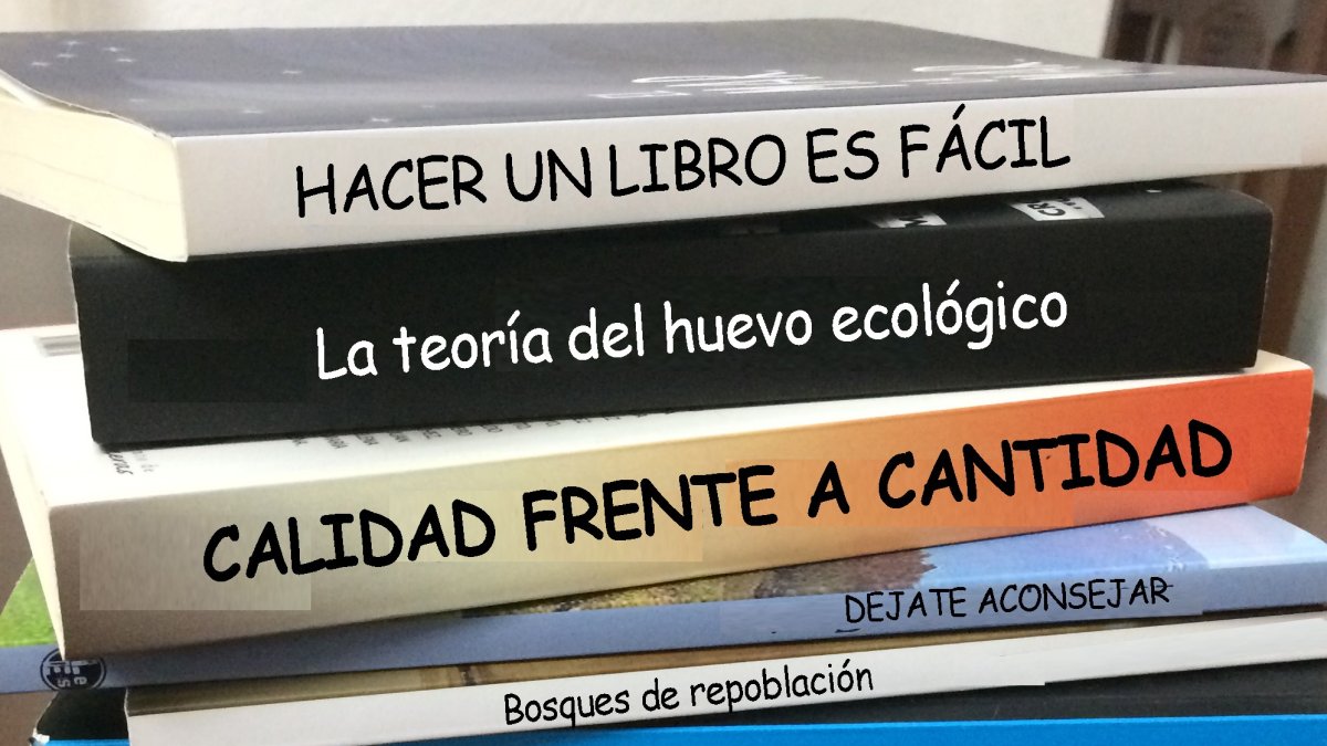 ontaje con libros ficticios que llevan por título ideas y consejos de los que el autor habla en el artículo.