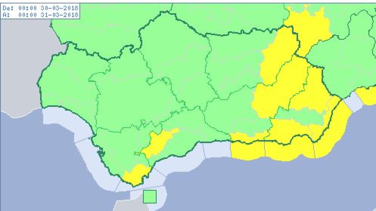 Detalle del mapa de AEMET con la previsión de vientos en Andalucía.