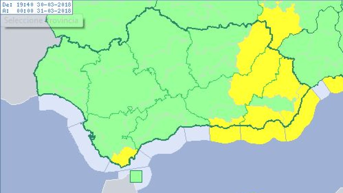 Detalle del mapa de AEMET con la alerta amarilla.