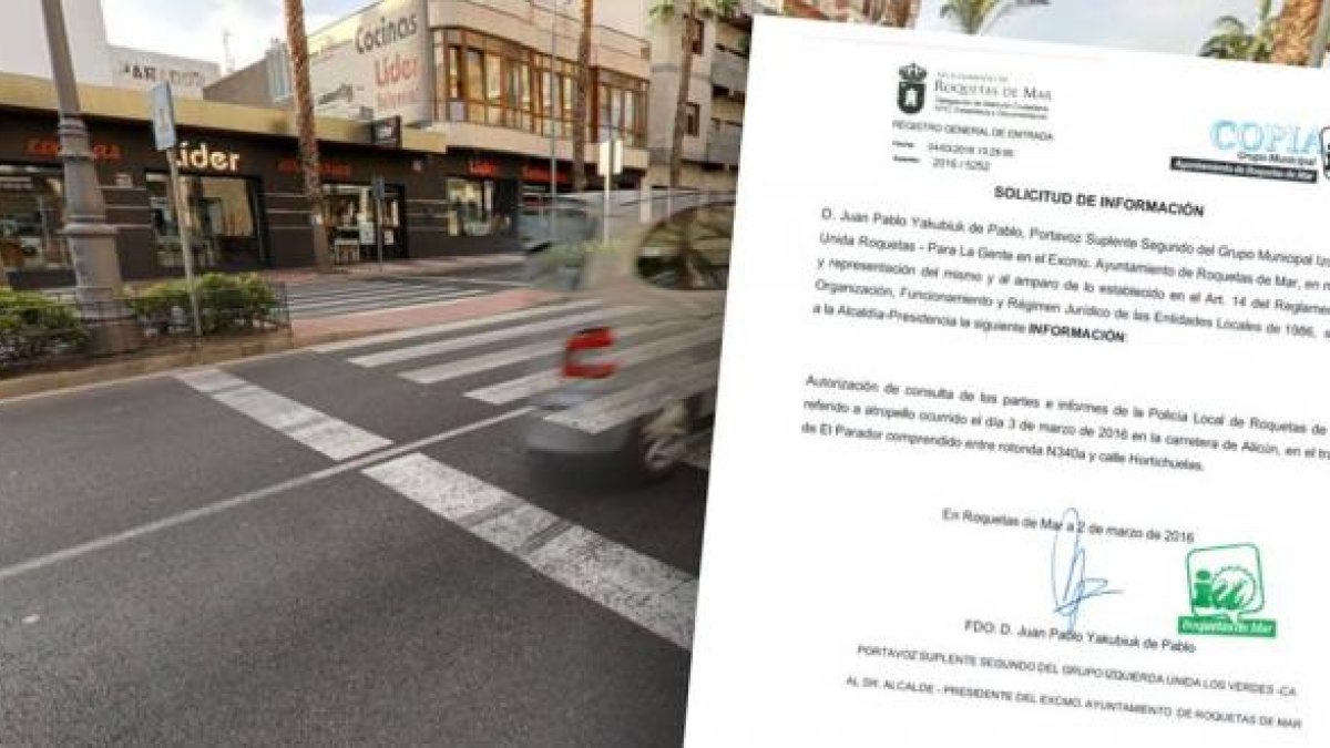 La transitada vía de Roquetas y copia de la solicitud de información.