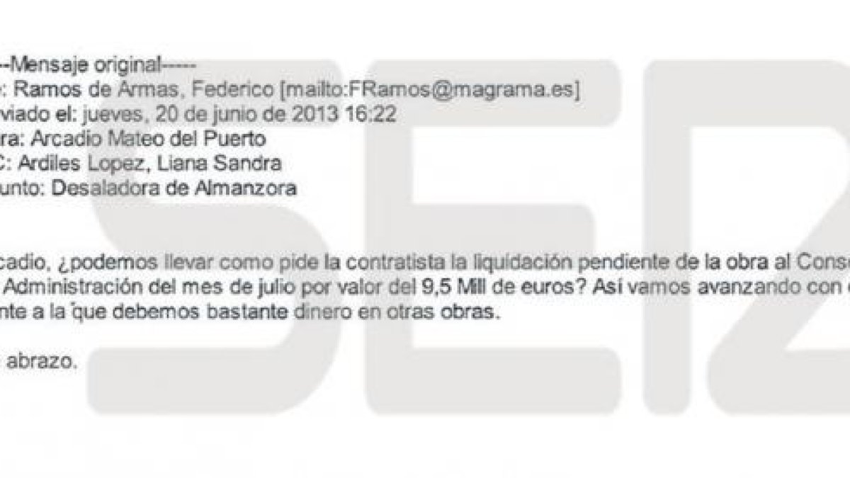 Mensaje remitido por el subsecretario de Presidencia, Federico Ramos de Armas, al director general de AcuaMed.