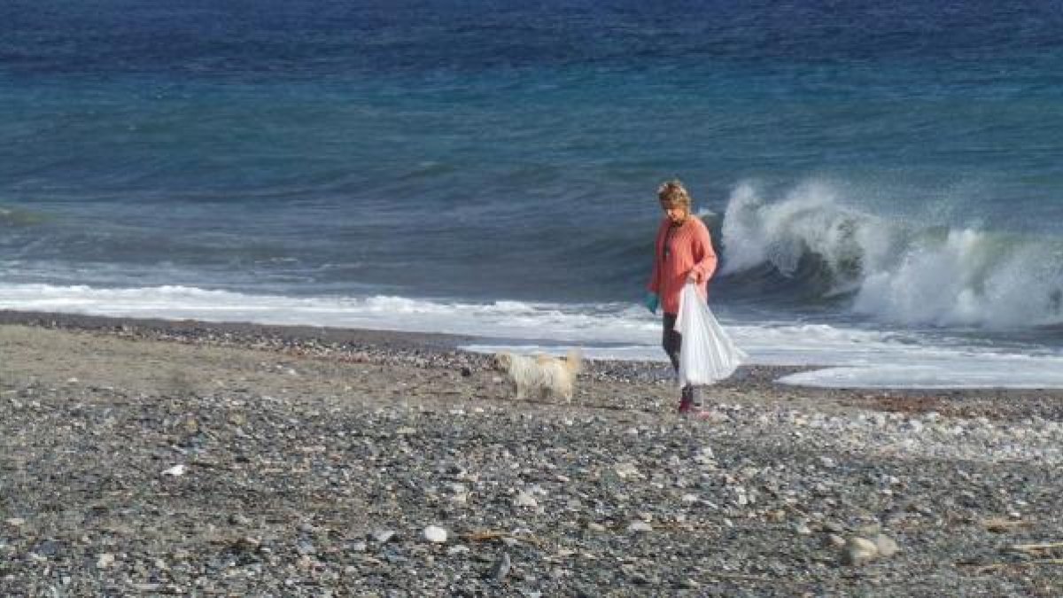 Una mujer, acompañada de su perro, por Playa Macenas.