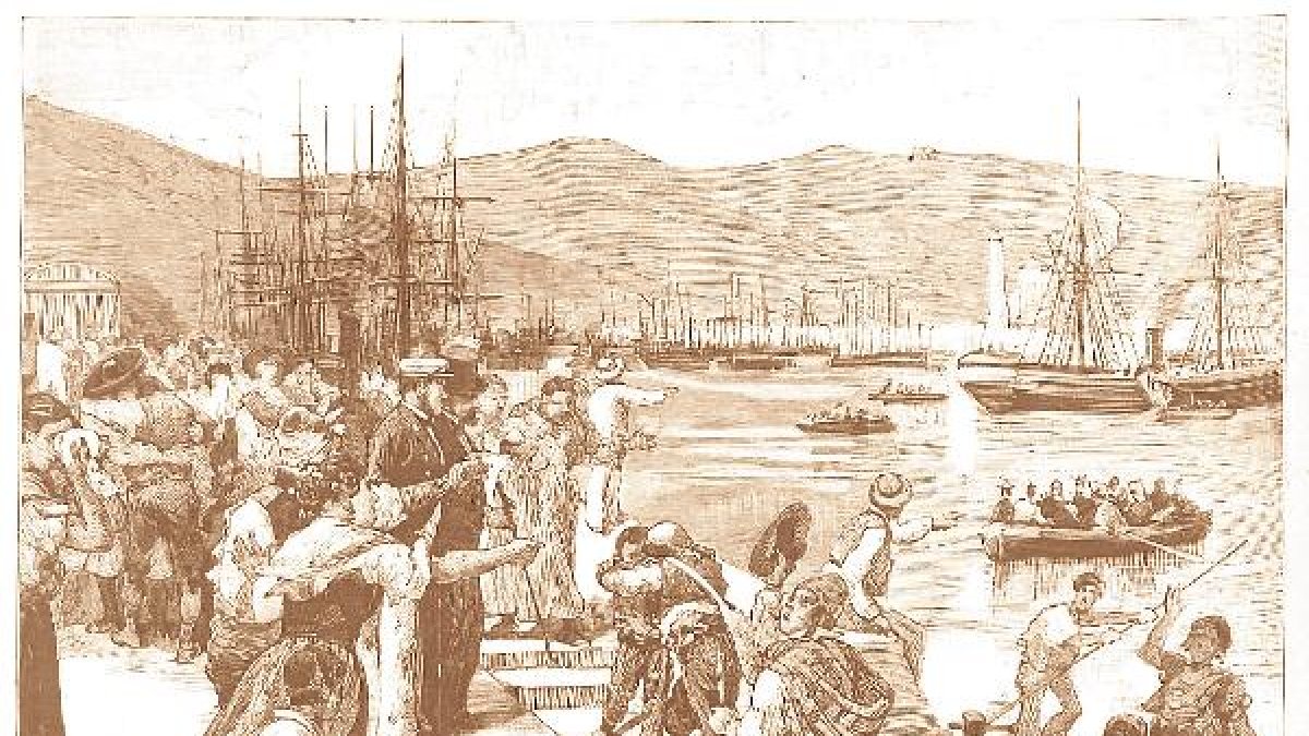 Dibujo a carboncillo de repatriados a su llegada al puerto de Almería en el Vapor Victoria Española