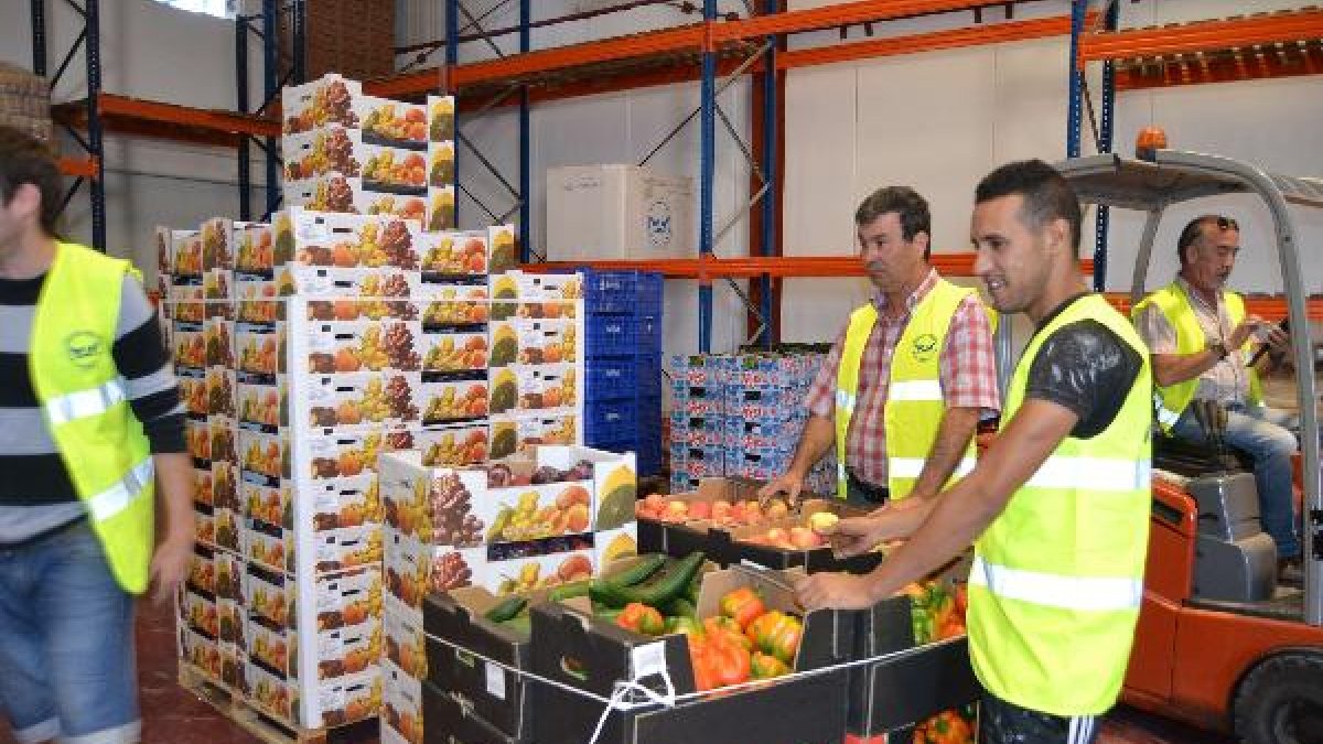 Voluntarios en la sede del Banco de Alimentos en el polígono de La Algaida de Roquetas.