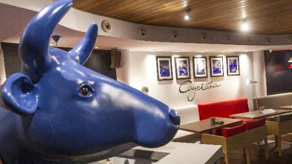 Cayetana, una enorme vaca azul, es la protagonista de este moderno, colorido y divertido bar de t.apas en el centro de Almería